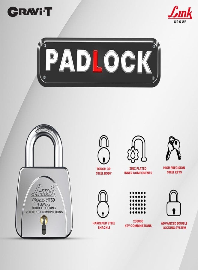 Link Gravi-T 60mm Heavy Duty Padlock | 8 Levers | Lock for Home Door, Office, Shop, Travel | Tough CR Body | Hardened Steel Shackle, | Double Locking System | 3 Silver Keys | 200000 Key Combinations - Image 4